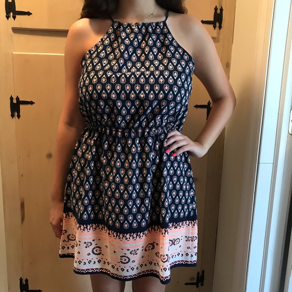 Navy Blue and Peach Patterned Summer Dress
